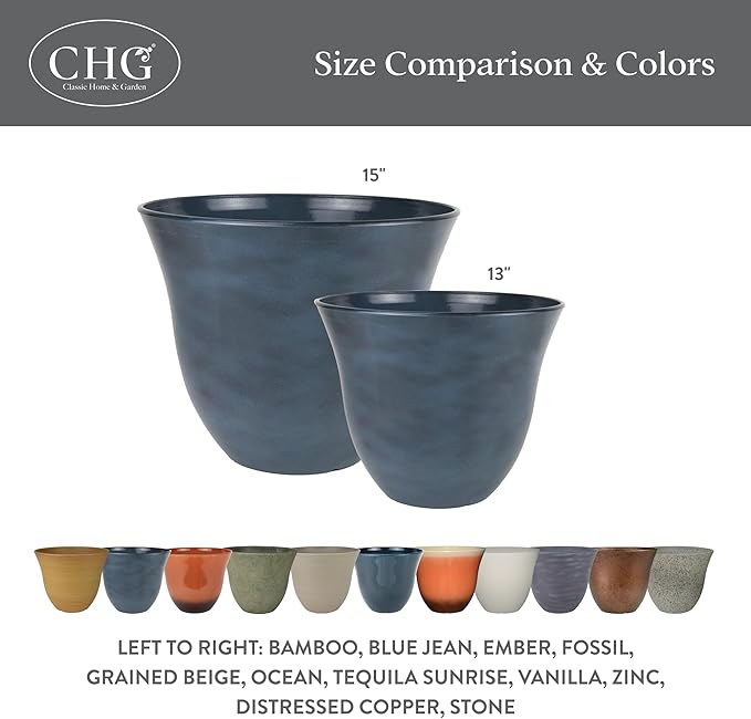 Classic Home and Garden Honeysuckle Resin Planters - Lightweight Indoor & Outdoor Plant Pots - UV-Resistant Plastic Flower Pots - Pot Planters for Flowers & Herbs (13", Blue Jean)