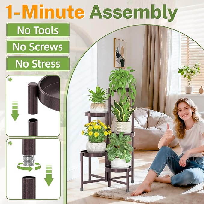 iDavosic.ly Plant Stand Indoor Outdoor, 5 Tier Corner Metal Flower Display Holder Shelf, Easy Assembly Folding Tall Orchid Rack for Patio Balcony Porch Garden Living Room House, Violet Bronze