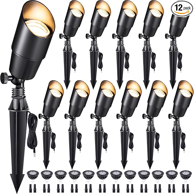 Gardenreet LED Spot Light Outdoor - Die-Cast Brass 12V Uplighting Waterproof, Low Voltage Landscape Lights Metal, Black for Fence Fountain with Daytime White MR16 Replaceable Bulbs (12 Pack)