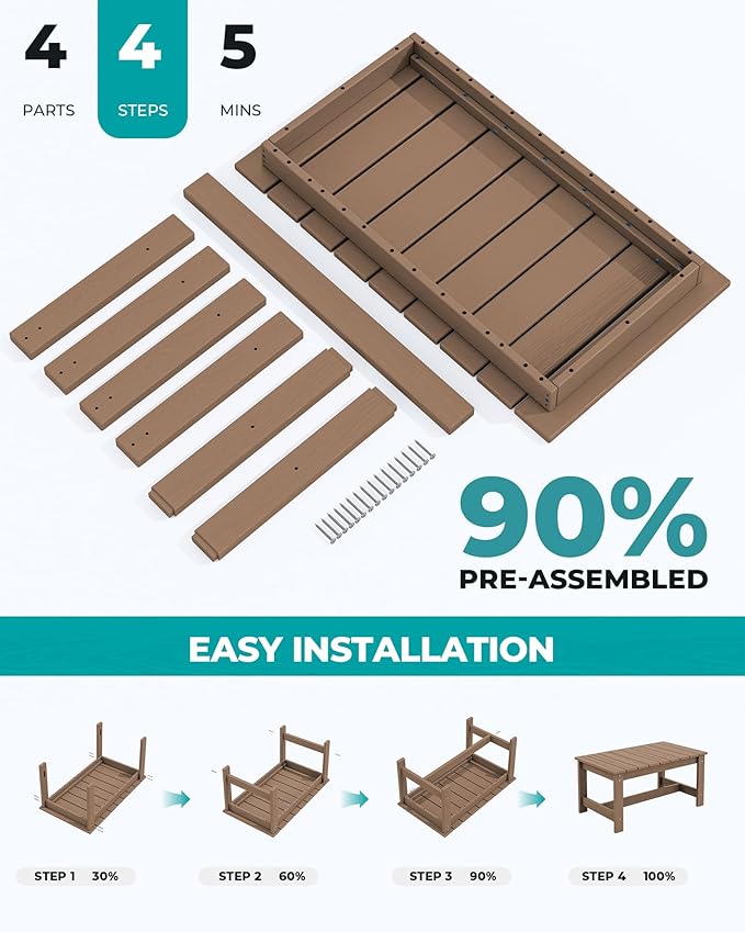 SERWALL Patio Coffee Table, HDPE Rectangle Outdoor Coffee Table, Brown