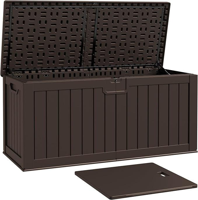 Patiowell 240 Gallon Large Outdoor Storage Box, Waterproof Deck Box with Fixed Divider, Lockable and Durable Patio Storage Solution for Patio Furniture and Garden Tools (Brown)