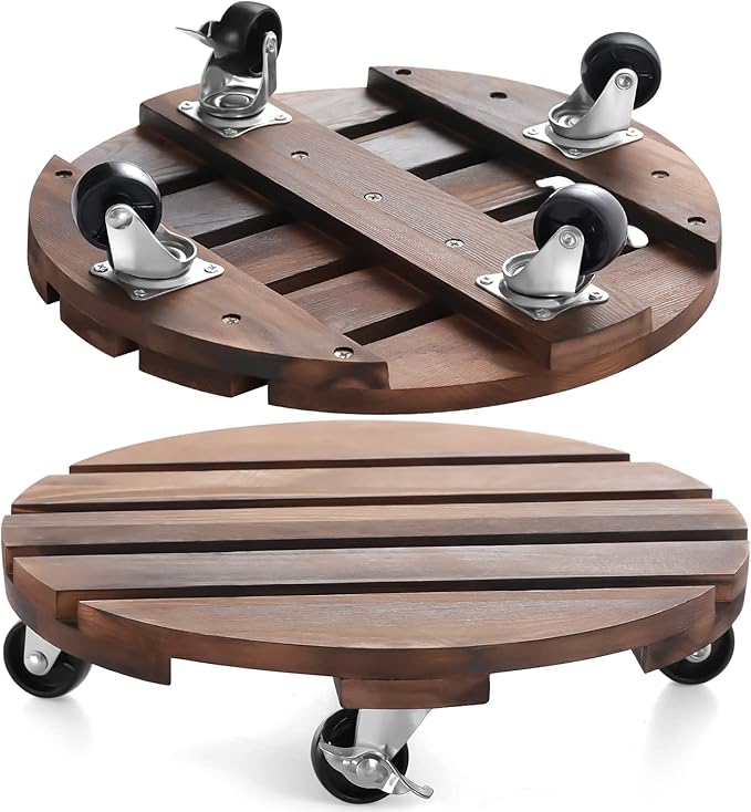 2pack 12" Plant Caddy Plant Stand with Wheels Rolling Plant Stand Heavy Duty Wooden Round Plant Dolly Rollers with Metal Lockable Casters Indoor Outdoor Pot Plant Roller Base Caddies,Patio,Flower Pot