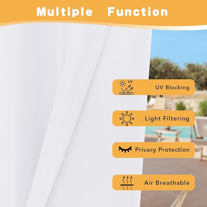 HolidayIdeas Outdoor Curtains for Patio Waterproof, 2 Panels - 84 x 95 Inch - Privacy Protection & Light Filtering Curtains Grommet Outside Curtains for Porch, Gazebo, Pergola, Backyard (White)