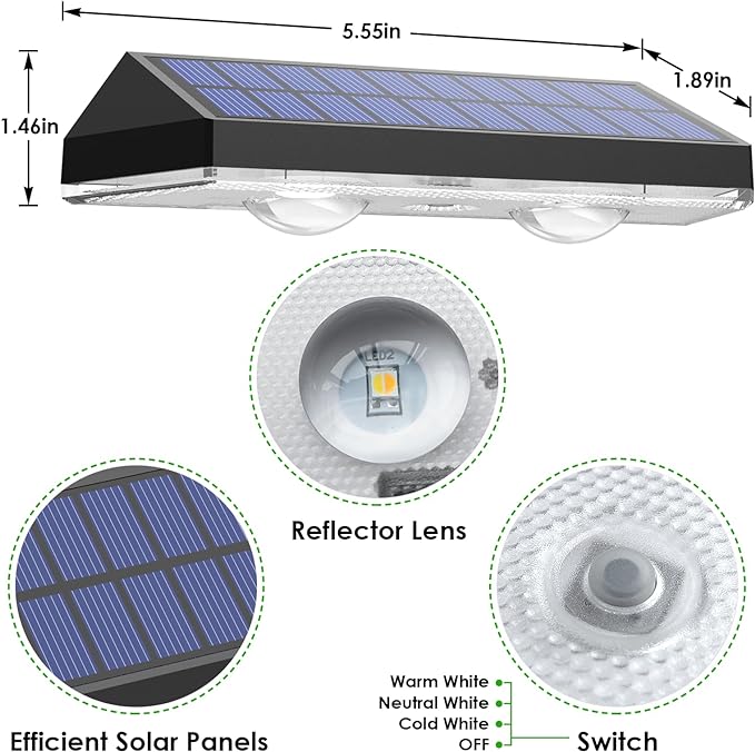 Solar Fence Lights - 2PK Solar Outdoor Light Warm White/Daylight White/Cold White 3 Modes Deck Lights for Outside, Deck Fences, Stair Railings, Pools and Walls