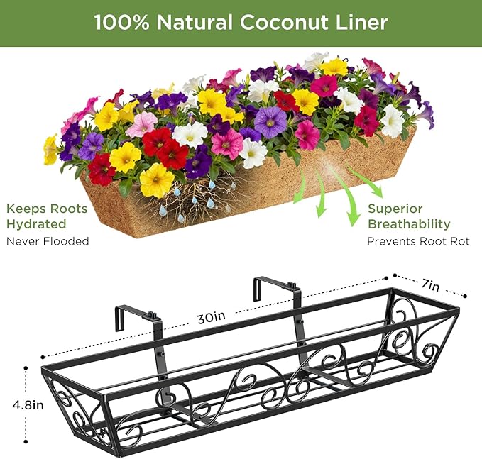 6pcs 30 Inch Window Deck with Coco Liner, 30" Window Boxes Horse Trough with Coconut Coir Liner, Metal Hanging Flower Planter Window Basket Deck Railing Planter Boxes for Outdoor Indoor Lawn