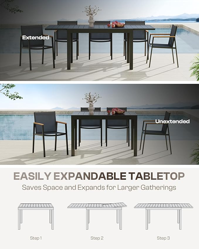 All-Aluminum Expandable Outdoor Patio Dining Table for 4-8 Person, All-Weather Rectangular Outdoor Table(48"-79") with Smooth Cilde Rails & Secure Locking Handle for Garden, Indoor, Gray
