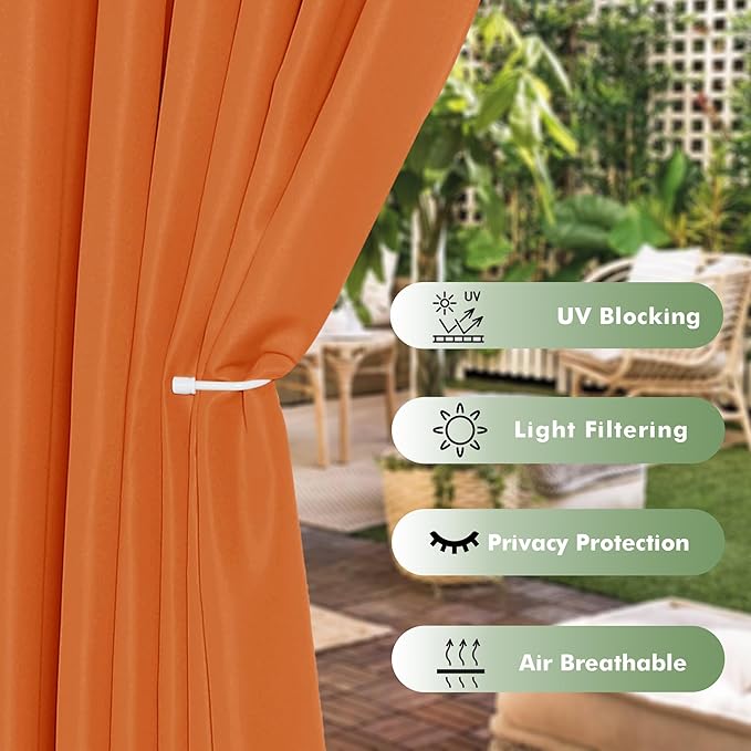 HolidayIdeas Waterproof Outdoor Curtains for Patio, 6 Panels - 54x108 Inches - Weatherproof Privacy Outsides Curtains for Backyard Porch Gazebo, Sunlight & UV Blocking (MeccaOrange, Grommet Top)