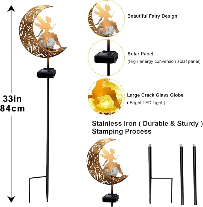 YJFWAL 2 Pack Garden Solar Lights Pathway Stake Lights Moon Fairy Glass Globe with Angel Decor, Birthday Christmas Gift for Mom Grandma Friends, Outdoor Decor Light Waterproof for Walkway, Yard, Patio