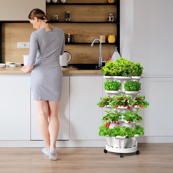 Strawberry Vertical Planters Tower Garden 3 Pack, 7 Tiered Stacking Herb Vegetable Planter with Support Pole Indoor and Outdoor - White