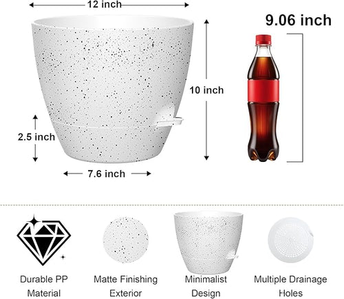 12 Inch Large Self Watering Pots, Flower Pots with Multi-Mesh Drainage Holes and Saucer, Planters for Indoor and Outdoor Garden Plants (Speckled White)