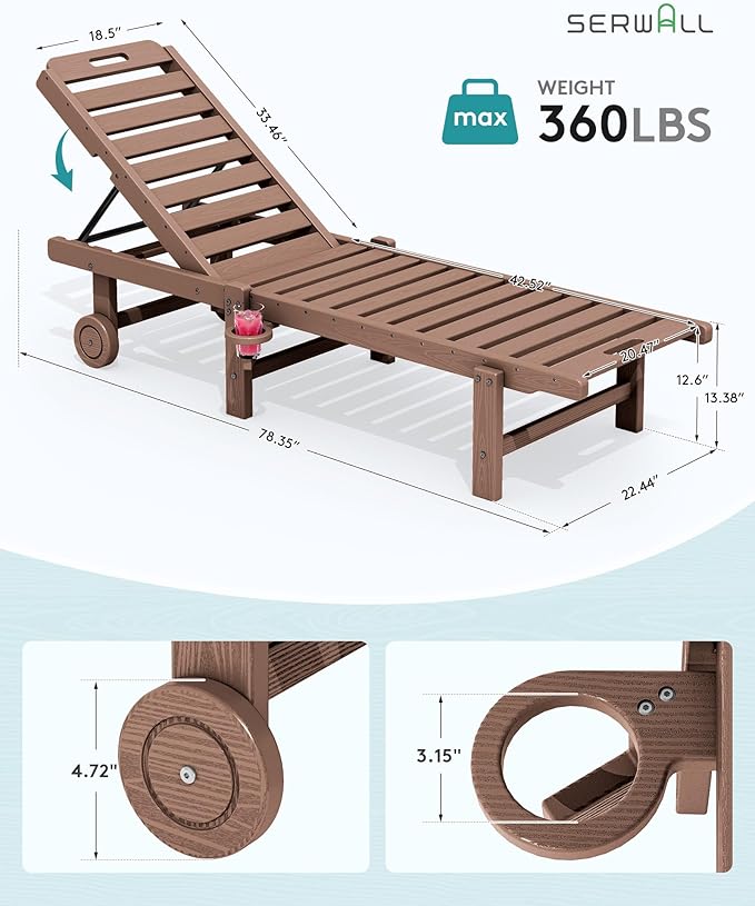SERWALL Patio Chaise Lounge, HDPE Outdoor Lounge Chair with Cup Holder, 5 Positions Adjustable Poly Lounger with Rolling Wheels for Poolside, Deck, Sunbathing, Brown