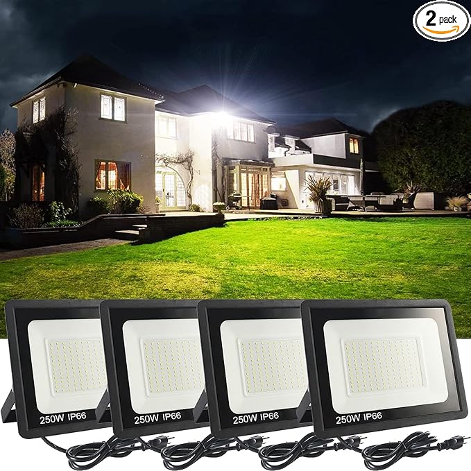 4Pack LED Flood Light Outdoor,250W LED Work Light 25500lmwith 6FT US Plug,IP66 Waterproof Exterior Security Lights,6000K Daylight White Outside Floodlights Slim Design for Playground Yard