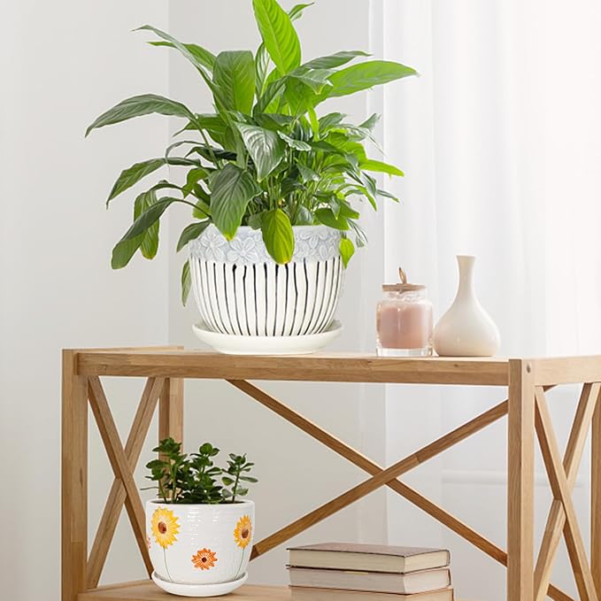 Ceramic Plant Pots Set of 3, 6.75/5.6/4.2 inch Planters with Drainage Holes and Saucer, Flower Pot Outdoor Indoor, Modern Decorative Planters for House Plants Garden Planters Succulent Pots