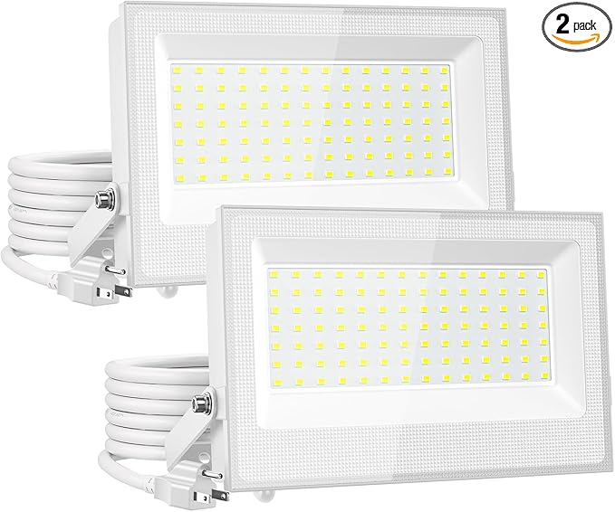 Onforu 120W Flood Lights Outdoor,12000lm White LED Work Light with Plug, 6500K Daylight White LED Flood Lighting, IP66 Waterproof Security Yard Lights for Yard Garage Stadium 2 Pack
