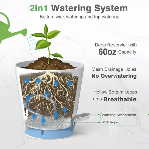 12inch Large Self Watering Plant Pot, Plastic Cylinder Planter with 60Oz Deep Reservoir and Saucer for Indoor Outdoor Plants Flowers Houseplants, Black