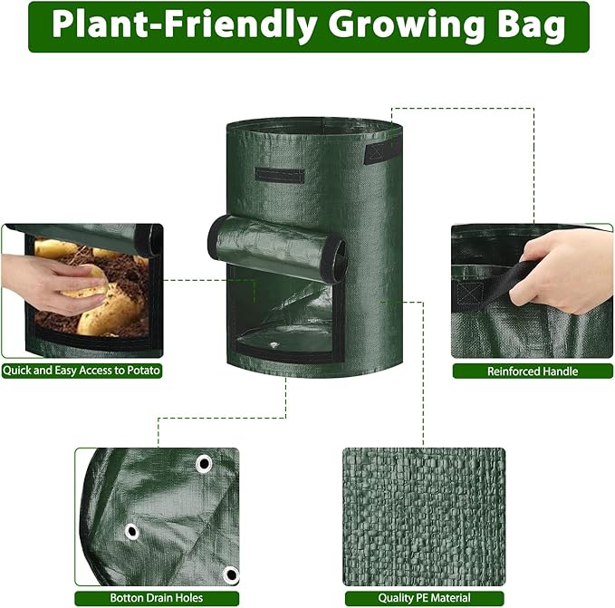 JJGoo Potato Grow Bags, 4 Pack 10 Gallon with Flap and Handles Planter Pots for Onion, Fruits, Tomato, Carrot - Green