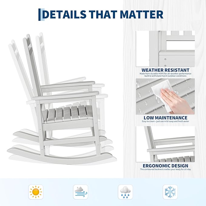 HDPE Rocking Chair Outdoor Set of 6 - Poly High Back Porch Rocker Chairs for Adults - All Weather Resistant Furniture for Patio Front Porch - White