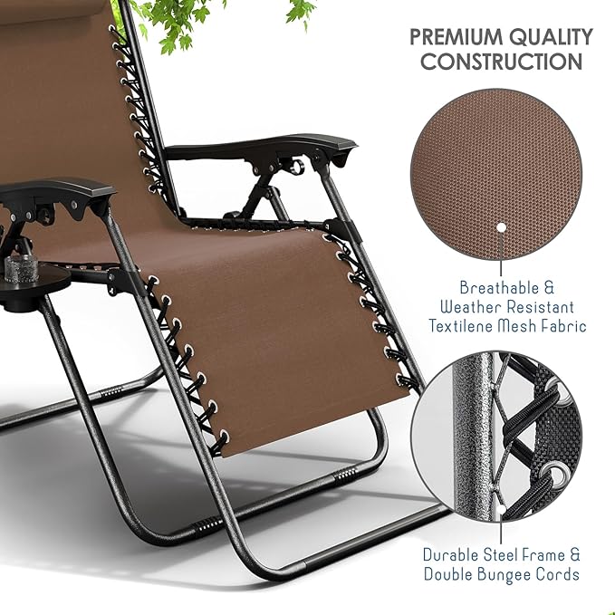 Nestl Zero Gravity Chairs Set of 2, Patio Lounge Chair Outdoor with Pillows & Cup Holder Trays, Adjustable Steel Mesh Reclining Camping Chair, Folding Patio Lawn Chair for Deck, Beach, Yard - Brown
