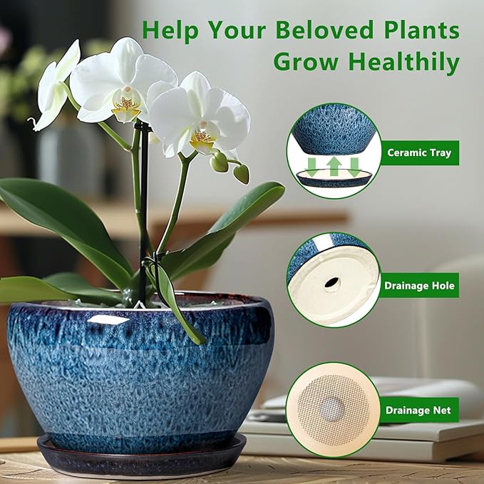 Ceramic Plant Pots 13 Inch - Indoor Planter with Drainage Hole and Saucer, Decorative Large Planter for Indoor Outdoor Plants, Ceramic Flower Pots, Gifts for Plant Lovers, House Decor, Blue