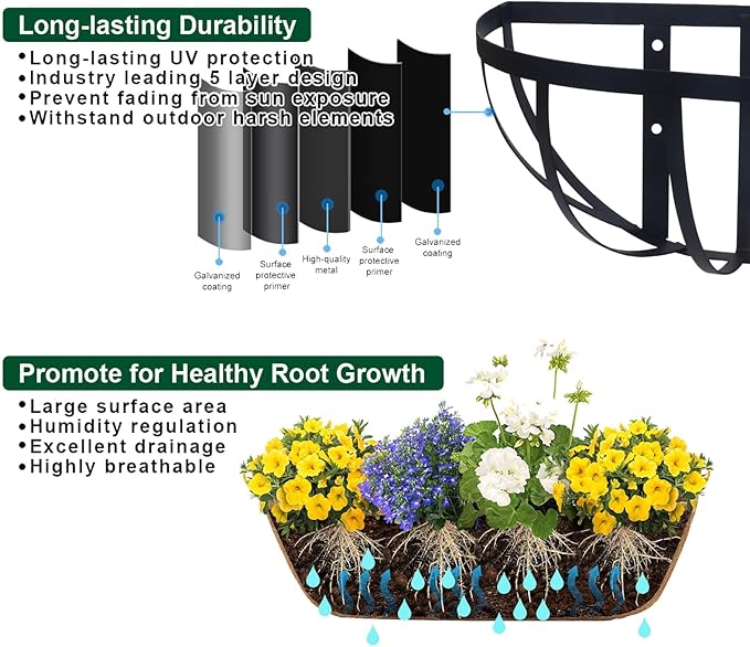 24'' Window Box Railing Planter with Coco Liner,4 Pack Horse Trough Planters Black Metal Hanging Flower Planters Basket for Porch Fence Patio Indoor Outdoor Lawn