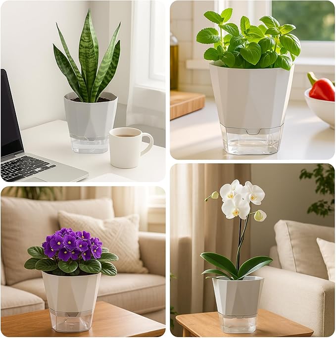 2 Pack Self Watering Pots for Plants, 8.4" Self Watering Planters Large African Violet Self Watering Clear Pots for Plants Large Herb Orchid Flower Houseplant Pots, Light Grey
