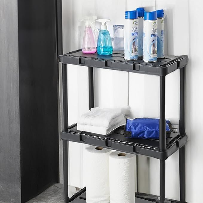 Gracious Living 4 Pack Light Duty Storage Shelves, Knect-A-Shelf 3-Shelf Ventilated Shelving Rack Organizer for Home, Garage, Basement, Laundry, Black