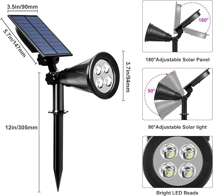 T-SUN Solar Spotlights, 4 LED Solar Waterproof Outdoor Landscape Lights, Auto-on/Auto-Off by Day, 180 Angle Adjustable for Tree, Patio, Yard, Garden, Driveway, Stairs, Pool Area(Purple-1Pack)
