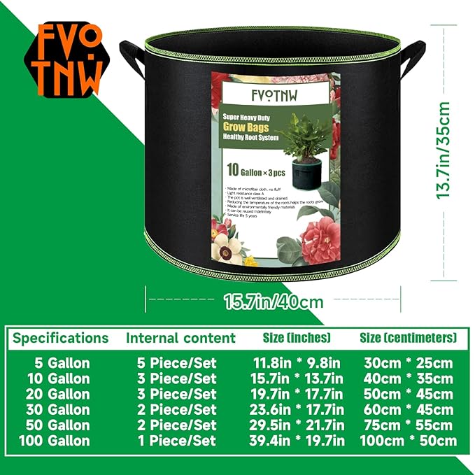 3-Pack 10 Gallon Plant Grow Bags, Thickened Nonwoven Fabric Pots with Handles,Sturdy Garden Planters Aeration Gardening Container to for Plants, Vegetables, and Flowers