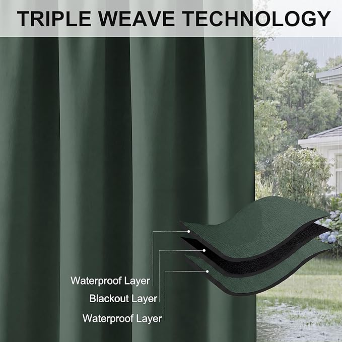 RYB HOME Outdoor Curtains for Patio Waterproof Block Sunlight Thermal Insulated Privacy Assured Thick Outside Curtains for Deck, Balcony, Pool, W52 x L63, Dark Green, 1 Panel