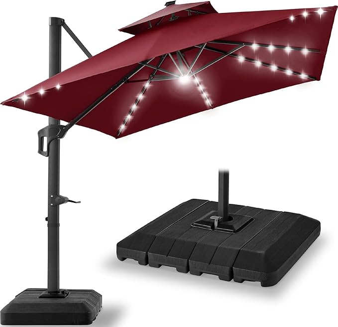 Best Choice Products 12x12ft LED Cantilever Patio Umbrella w/Base Included & 360° Rotation, Large Solar Offset Hanging Outdoor Sun Shade for Deck, Backyard Table w/Stand & Lights – Burgundy