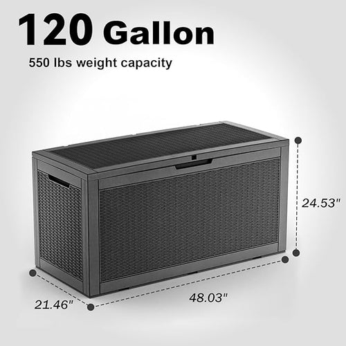 120 Gallon Resin Deck Box, Lockable Weatherproof Outdoor Storage Box for Furniture, Garden Tools and Tools Storage, Waterproof Outside Storage Boxes - Black