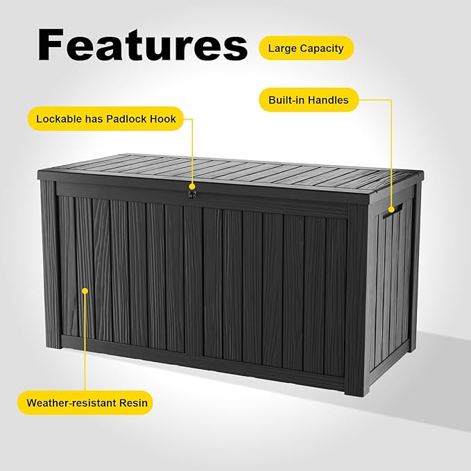 EasyUp 180 Gallon Outdoor Deck Box Waterproof, UV Resistant Resin Outdoor Storage Box with Hydraulic Rod for Delivery, Porch, Patio and Garden, Black
