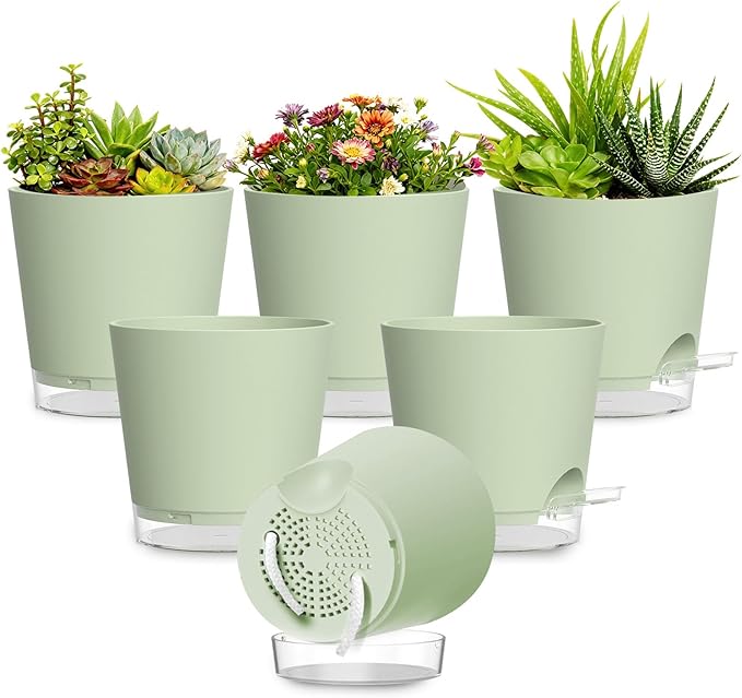 Plant Pots 4 Inch Self Watering Pots,6 Pack Plastic Planters with Drainage Holes and Clear Saucers,Plastic Flower Pots,Nursery Planting Pot for Indoor Out Door Plants (Green)
