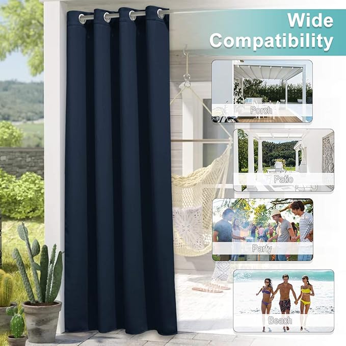 NICETOWN 2 Panels Navy Blue Outdoor Curtains for Patio Waterproof, Silver Stainless Steel Grommet Light Blocking Thermal Insulated Vertical Drapes for Front Porch & Canvas, W52 x L84