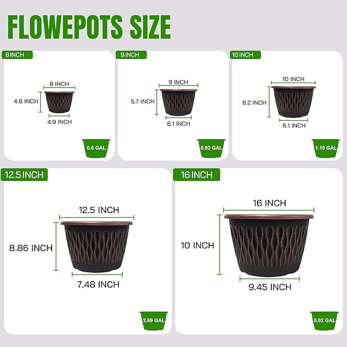 4 Pack 9 Inch Retro Plant Pots, Vintage Striped Flower Pots with Drainage Hole & Saucer, Large Plastic Planters for Indoor and Outdoor Plants, Decorative Garden Pots(Copper)