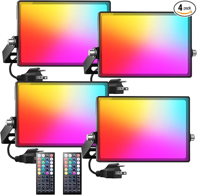 Onforu LED Flood Light Outdoor 1000W Equivalent, 150W Color Changing RGBW Floodlight with Remote, Stage Lights Uplights for Events, IP66 Uplighting Spotlight Floor Strobe Light for Christmas 4 Pack