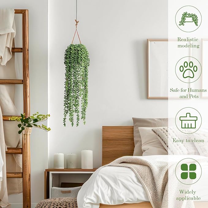 10 Pcs Artificial Succulents Hanging Plants, Fake String of Pearls Greenery Plants, Decoration for Wall Home Backdrop Garden Windows Balcony Indoor and Outdoor (10PCS Green)