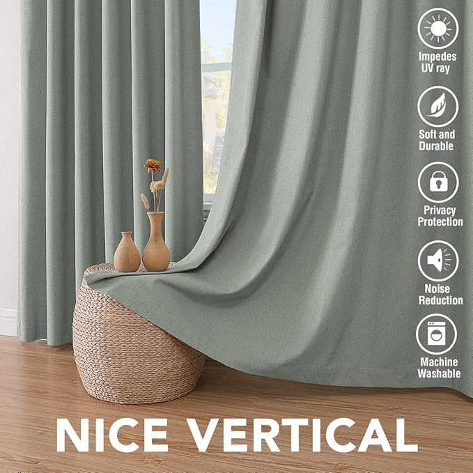 H.VERSAILTEX 100% Blackout Curtains for Bedroom Thermal Insulated Linen Textured Curtains Heat and Full Light Blocking Drapes Living Room Curtains 2 Panel Sets, Green Bay, 52x45 Inch