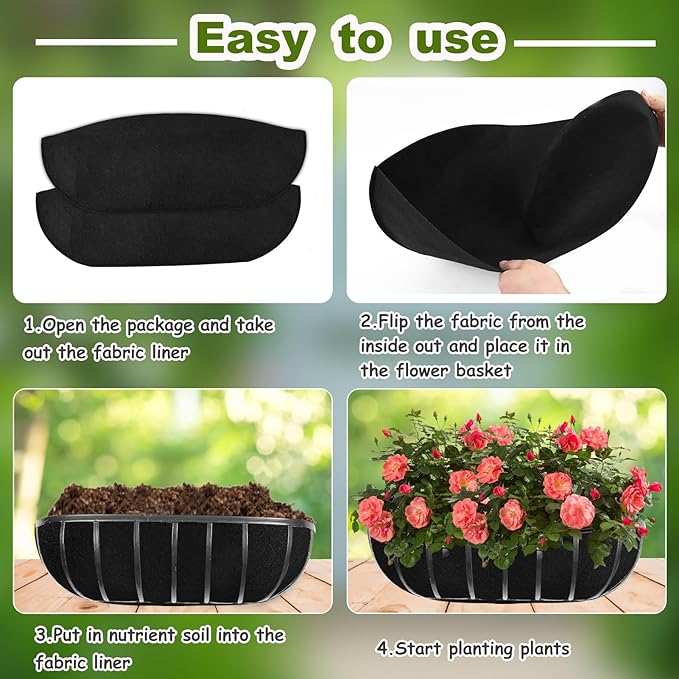 2PCS 24Inch Upgraded Planter Basket Liners Fabric Window Box Liners Felt Trough Planter Liner Black Flower Basket Liner Non-Woven Hanging Plant Liner for Planters Garden Fence - Avoid Bird Nesting
