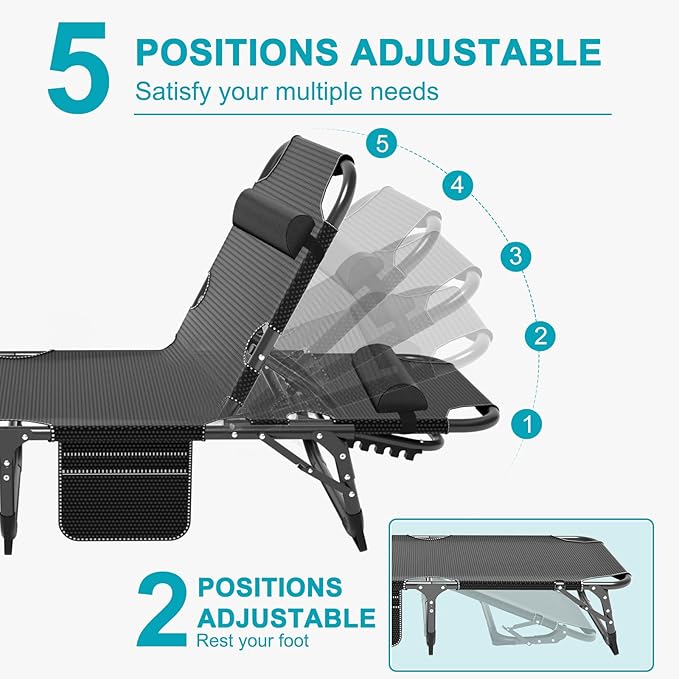 ABORON Chaise Lounge Chair,5 Positions Padded Outdoor Tanning Chair,Heavy Duty Portable Lounge Chair for Outdoor Sunbathing Patio Pool Lawn Deck Poolside,Support up to 440 Lbs
