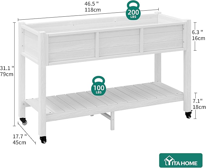 YITAHOME Raised Garden Bed HDPE, 47x18x31In Raised Flower Bed Poly-Wood Weather-Resistant Elevated Planter Box with Lockable Wheels & Storage Shelf for Vegetable Flower, White