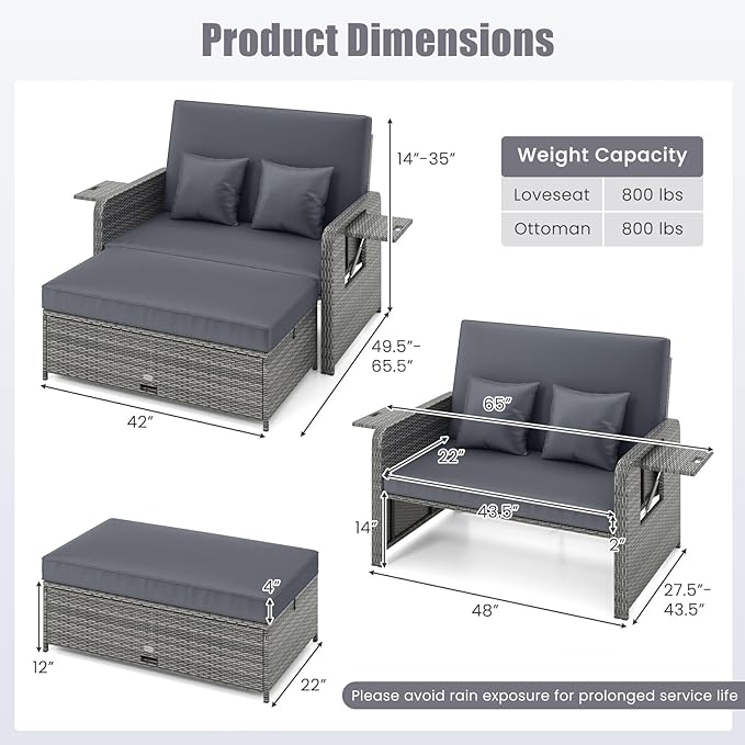 LDAILY Moccha Outdoor Daybed, Wicker Loveseat Sofa Set with 4-Postion Adjustable Backrest, Storage Ottoman, Cushions, Rattan Double Bed Lounger, Patio Furniture Set (Mixed Gray+Gray)