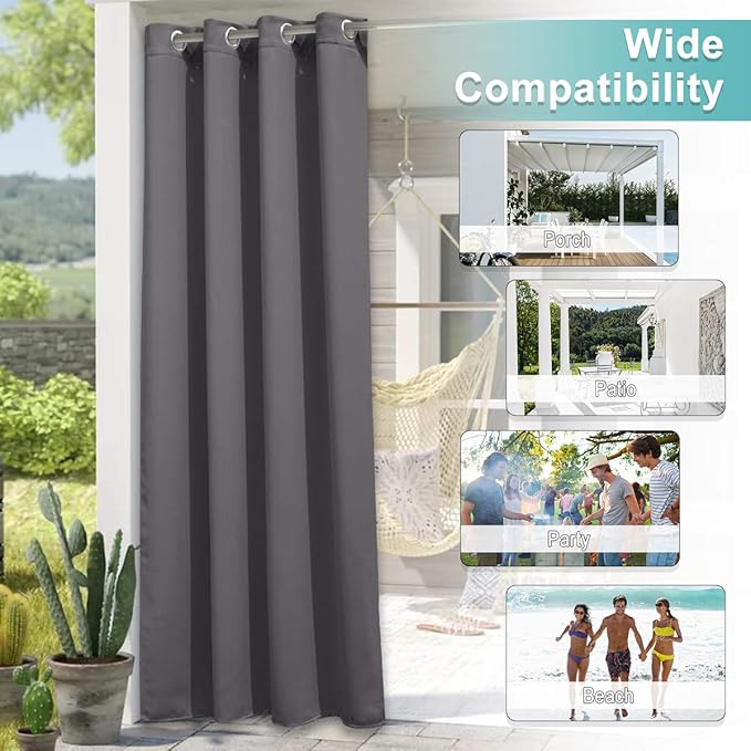 NICETOWN Indoor & Outdoor Blackout Curtain 84 inches Long for Patio Waterproof, Room Darkning Thermal Insulated Privacy Panel for Bathroom/Gazebo/Deck/Patio, 1 Panel, 52" W, Grey