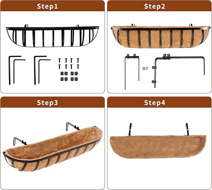 2pcs 30' Planter, Metal Window Box with Coco Liner, Wall Planter for Outdoor Indoor Balcony, Rustic Horse Trough Style
