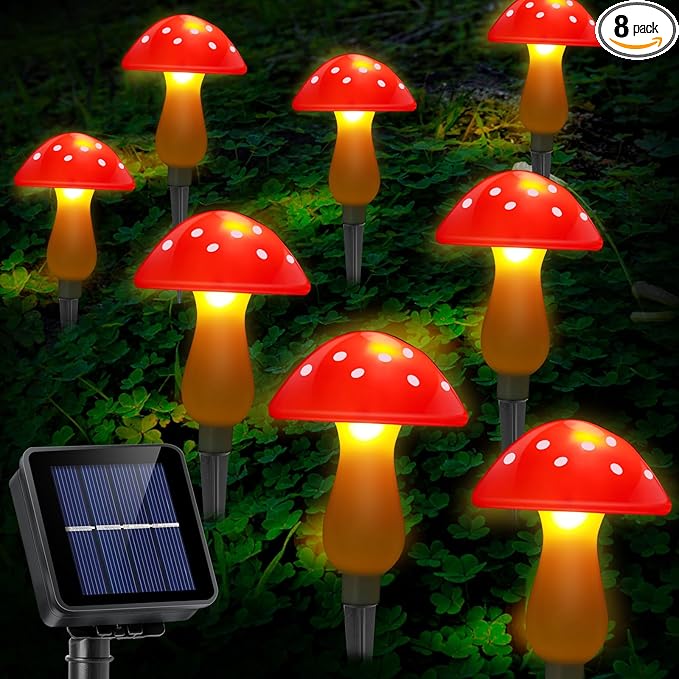 Mushroom Solar Lights Outdoor Waterproof, Whimsical and Cute Solar Mushrooms Stake Lights for Outside with 8 Lights and 8 Modes for Fariy Garden Yard Lawn Path Planter Flower Bed Decor (Red)