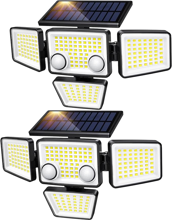 Solar Outdoor Lights - 3000LM 188 LED Motion Sensor Outdoor Lights, 4 Heads Security Light,IP65 Waterproof, Easy Install,270°Wide Angle Flood Wall Light with 3 Modes for Backyard Yard (2 Pack)