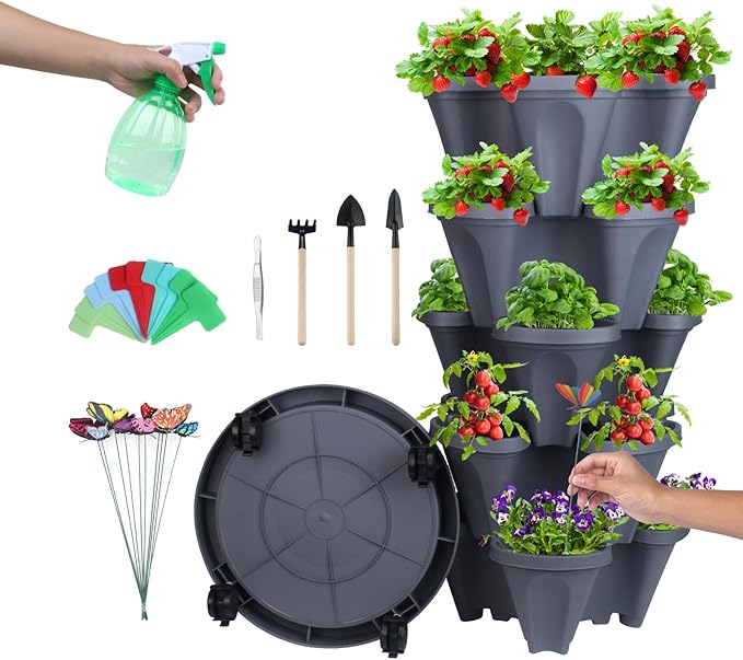 DUNCHATY Stackable Planter, Vertical Strawberry Planter with Garen Tool Set, Self Watering Garden Planter Indoor/Outdoor 5 Tier Herb Planter Pots for Growing Vegetables and Succulents, Dark Gray