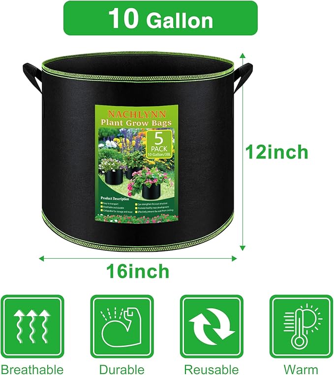 NACHLYNN 5-Pack 10 Gallon Grow Bags with Handles Thickened Nonwoven Fabric Pots Heavy Duty Aeration Fabric Pots Plant or Fruits Flowers Plant