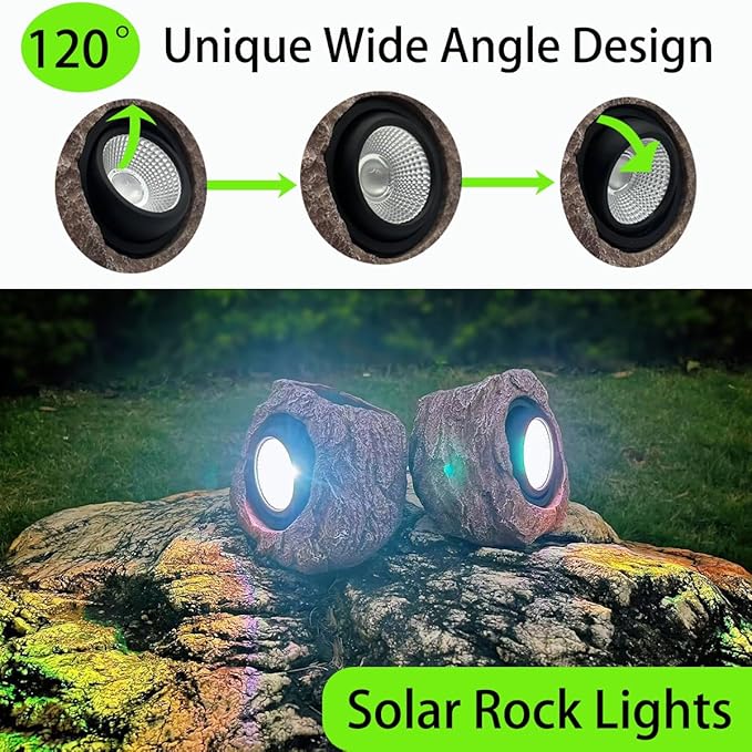 Solar Rock Lights Outdoor Waterproof, 2 Pack LED Colored Garden Rock Solar Light, Stone Statue Bright Solar Spot Light for Path, Yard, Patio, Lawn, Porch, Yard Decor.