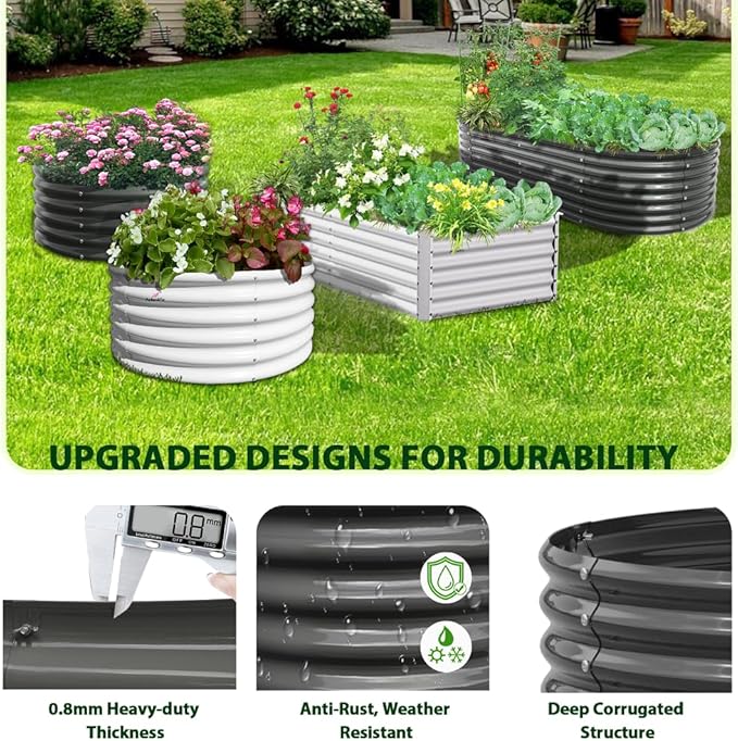 A ANLEOLIFE 7-Set 8X4X2 ft Galvanized Raised Garden Bed Kit, Oval Metal Deep Root Planters for Outdoor Plants, Quartz Grey